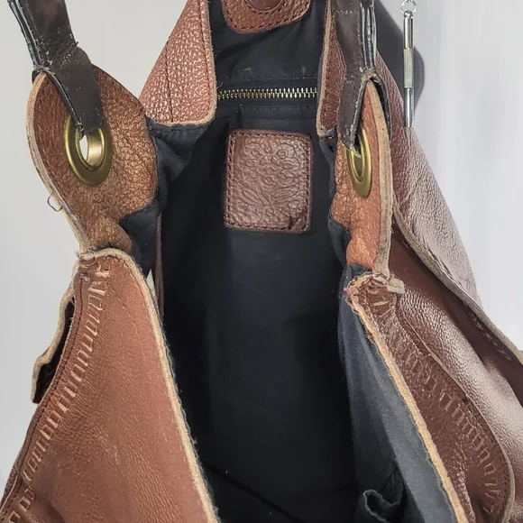 Lucky Brand Brown Pebbled Leather Hobo Bag Braided Strap Slouchy Shoulder Purse - Picture 7 of 12